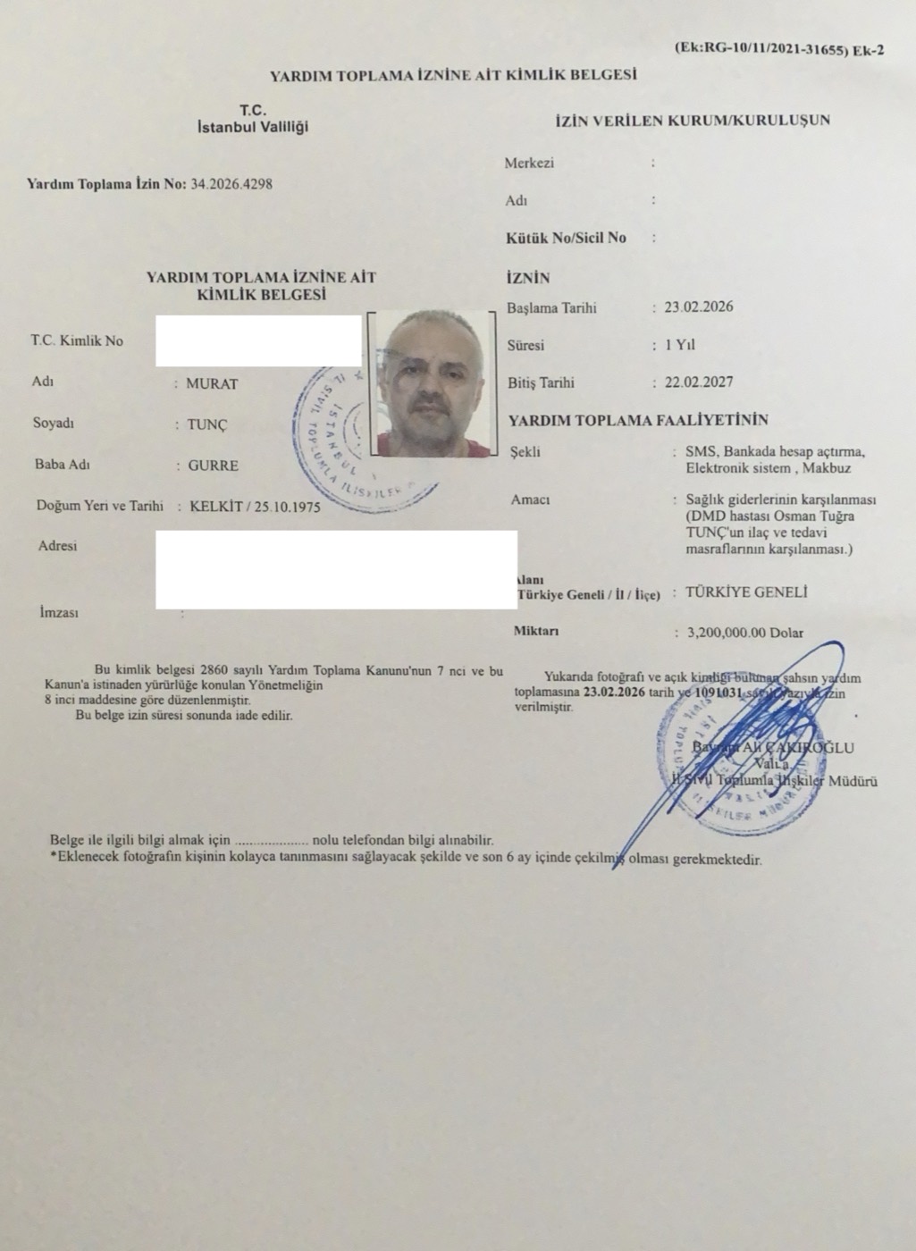 Yardım Toplama Kimlik Belgesi - Murat Tunç