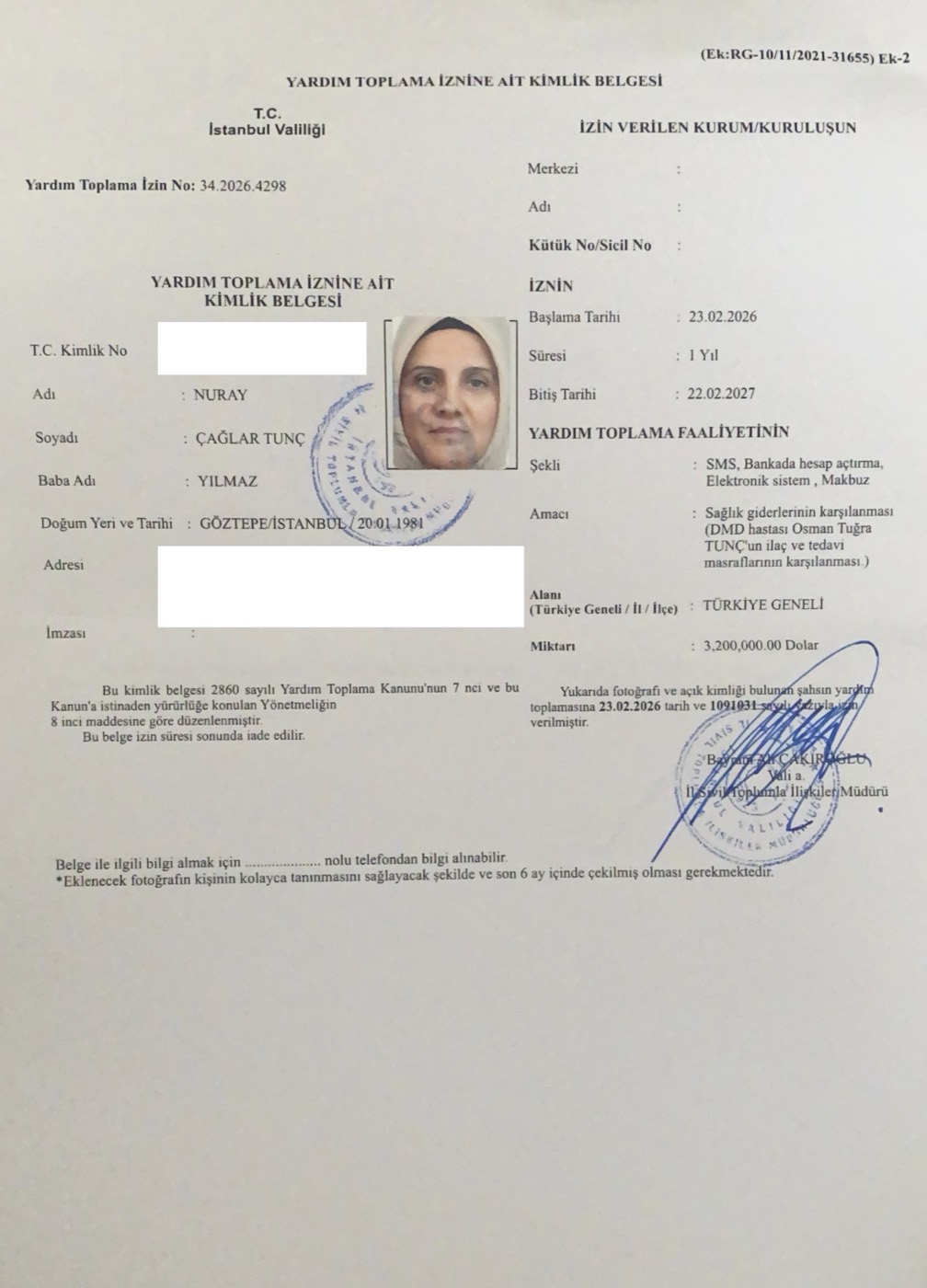 Yardım Toplama Kimlik Belgesi - Nuray Çağlar Tunç