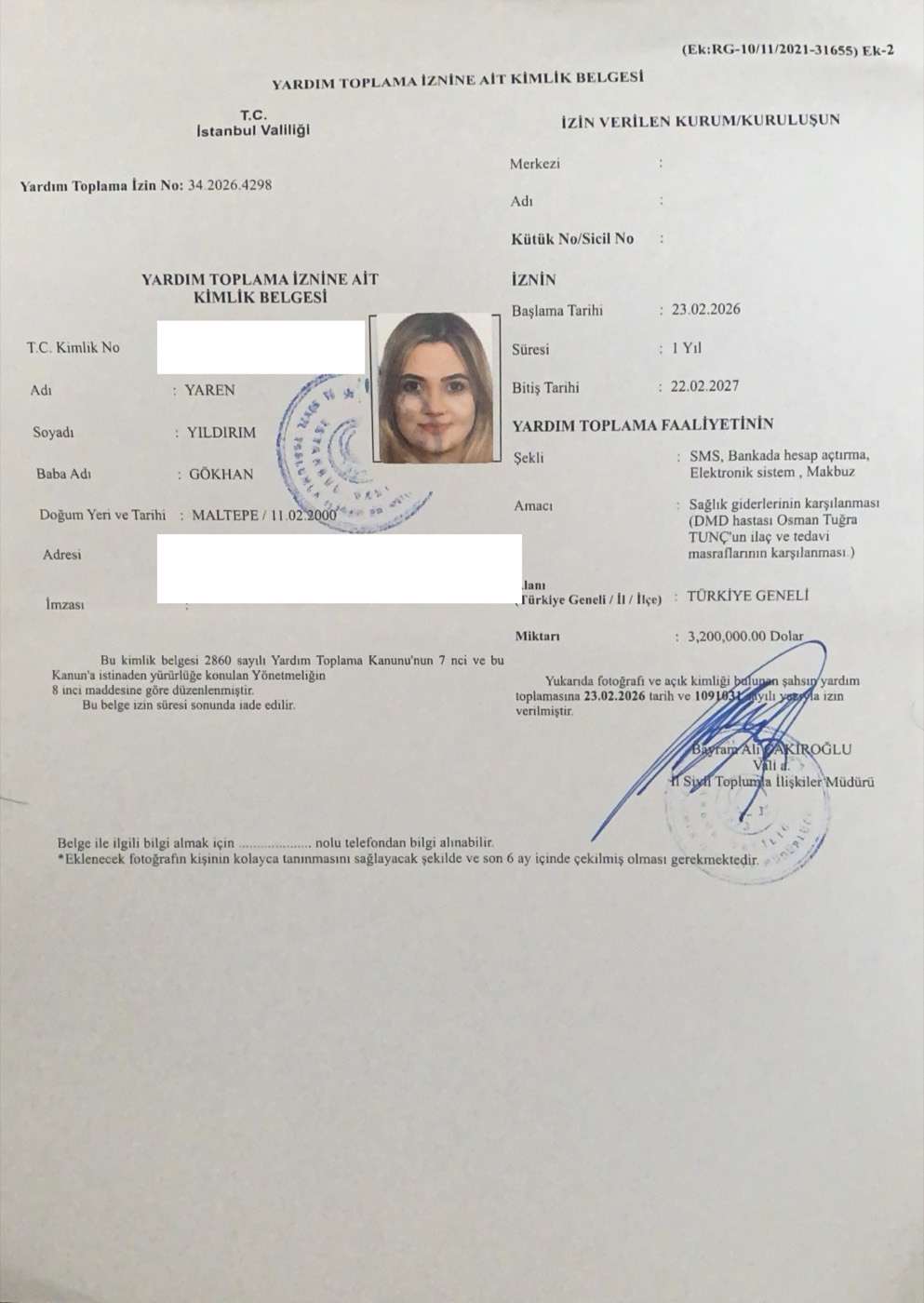 Yardım Toplama Kimlik Belgesi - Yaren Yıldırım